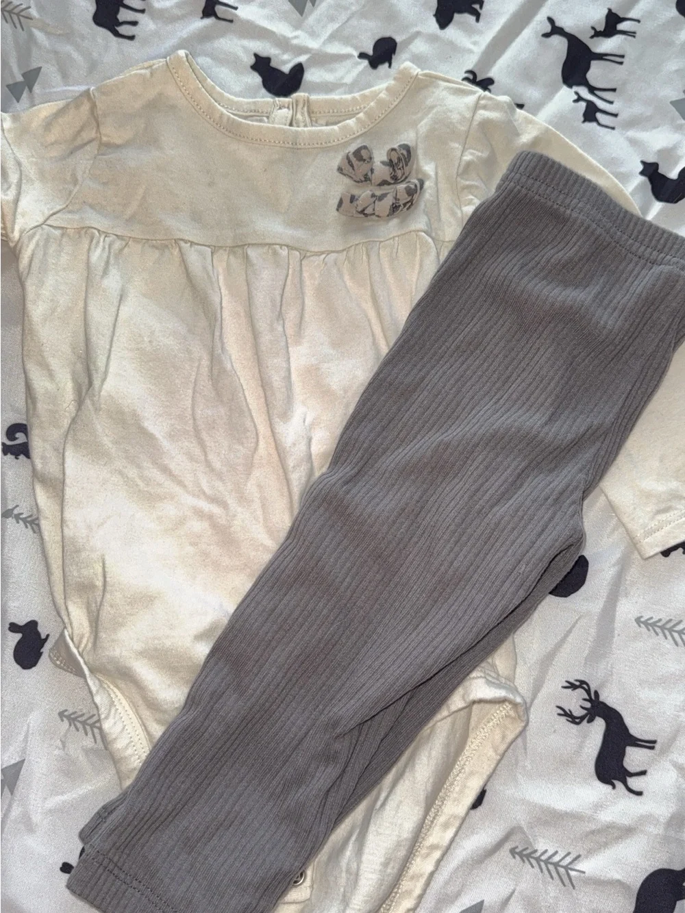 Cream Baby Bodysuit with Gray Ribbed Leggings